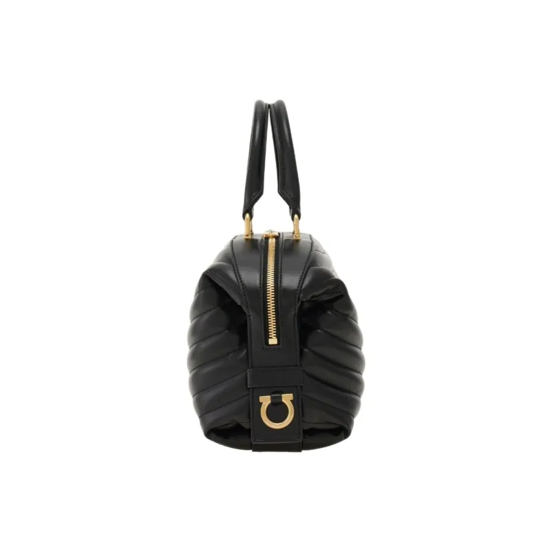 FERRAGAMO Quilting Calfskin Bowling Bag Handbag Small Size Women's Black-1