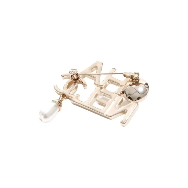 CHANEL 2022 Gold Plated Logo Faux-pearl Brooch-3