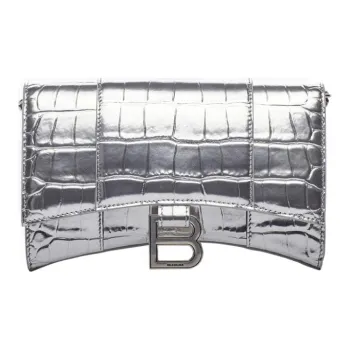 Balenciaga Bright Crocodile Embossed Calfskin One Shoulder Handbag, Crossbody Bag Mini Women's Silver