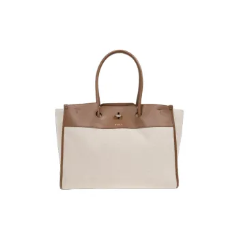 Furla Canvas With Leather Tote Bag Shopping Bag Handbag Extra Large Women's Cream & Brown