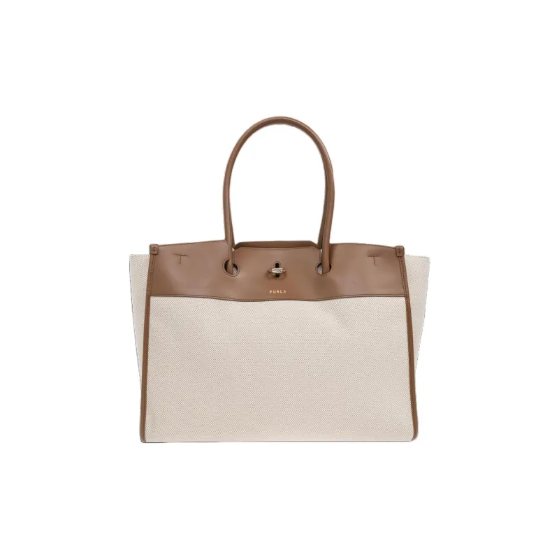 Furla Canvas With Leather Tote Bag Shopping Bag Handbag Extra Large Women's Cream & Brown-0