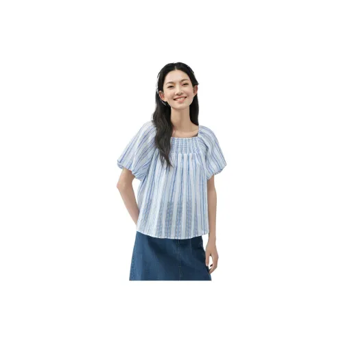 Asuka and new sake Shirts Women's Stripes Light Blue HNH02