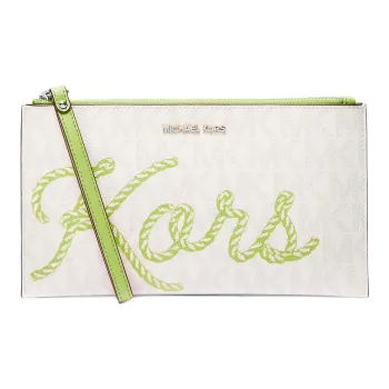 MICHAEL KORS Jet Set Travel Canvas Clutch Large Size Women's Green & White