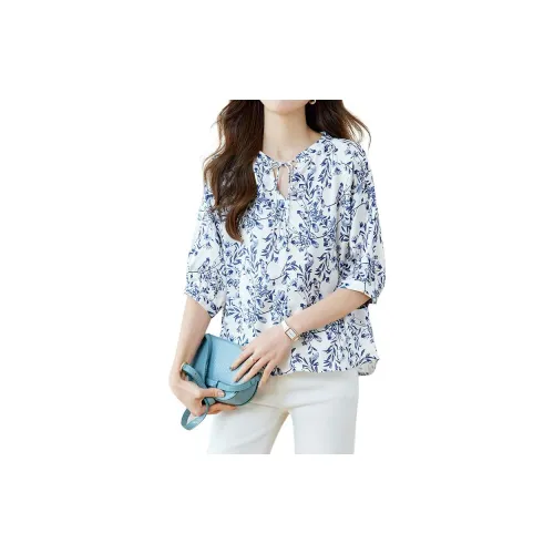 WELKIN&WZWJ Shirts Women's Blue And White Porcelain