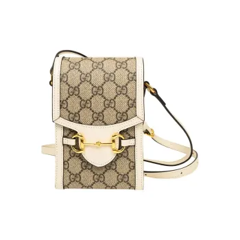 GUCCI Horsebit 1955 Logo Canvas Mini Phone Bag Box Shoulder Bag Beige