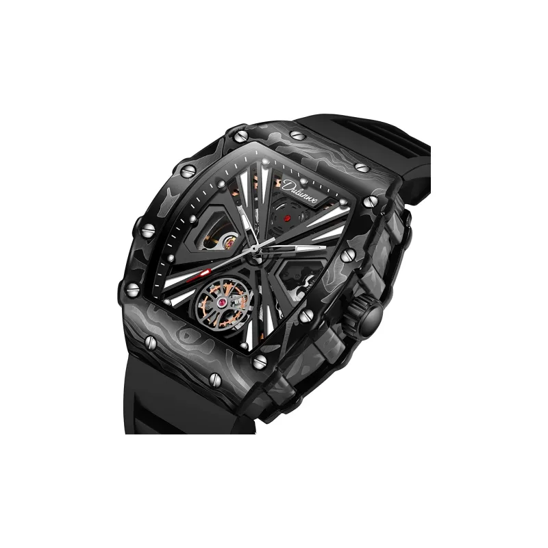 Dulunwe Automatic Mechanical Movement Rubber Band Strap Watch Men's Watches Black Dial-2