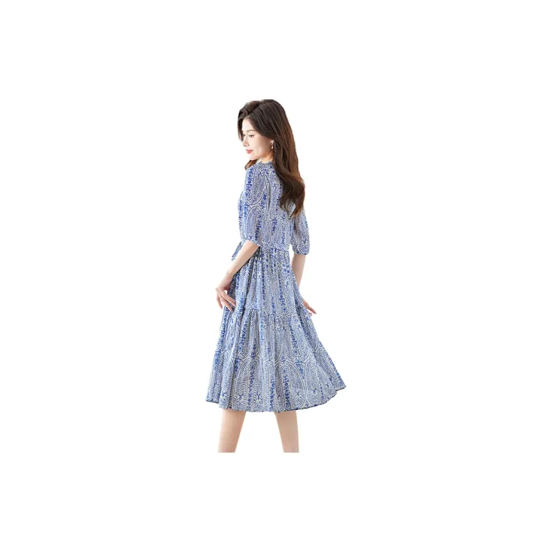Cypress House Short Sleeved Dress Women's White With Blue Floral-1