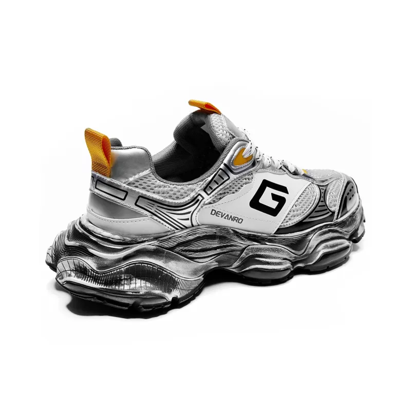 Devanro Slip Resistant Breathable Supportive Lightweight Height Increasing Low Top Chunky Sneakers Men's Silver White-4