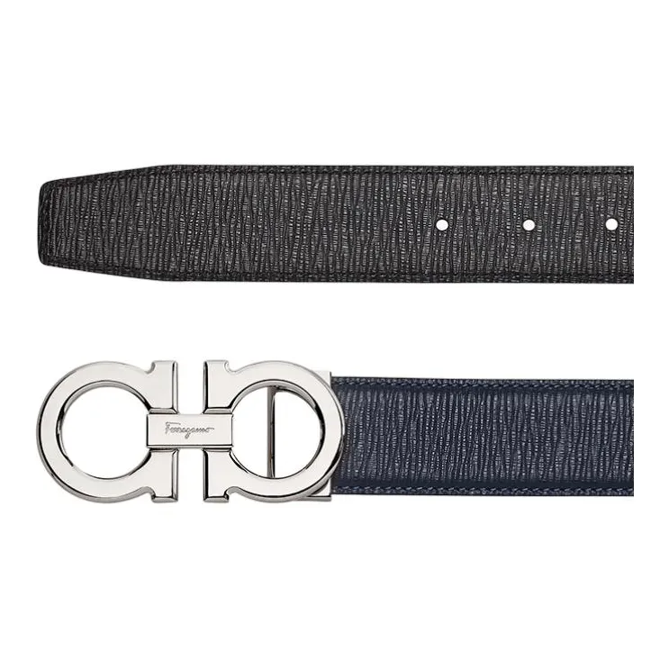FERRAGAMO Badge Logo Plate Buckle Cow Leather Leather Belts Men's Dark Blue Width 3.5CM-2