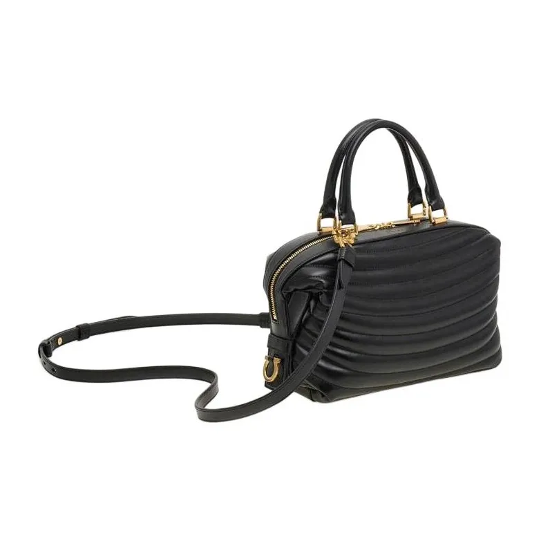 FERRAGAMO Quilting Calfskin Bowling Bag Handbag Small Size Women's Black-2
