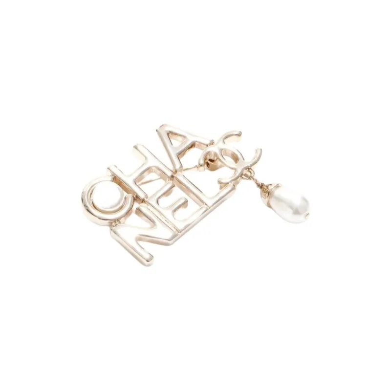 CHANEL 2022 Gold Plated Logo Faux-pearl Brooch-2
