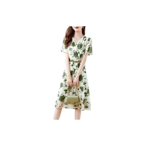 XWI Short-Sleeved Dresses Women's White Base With Green Floral Pattern