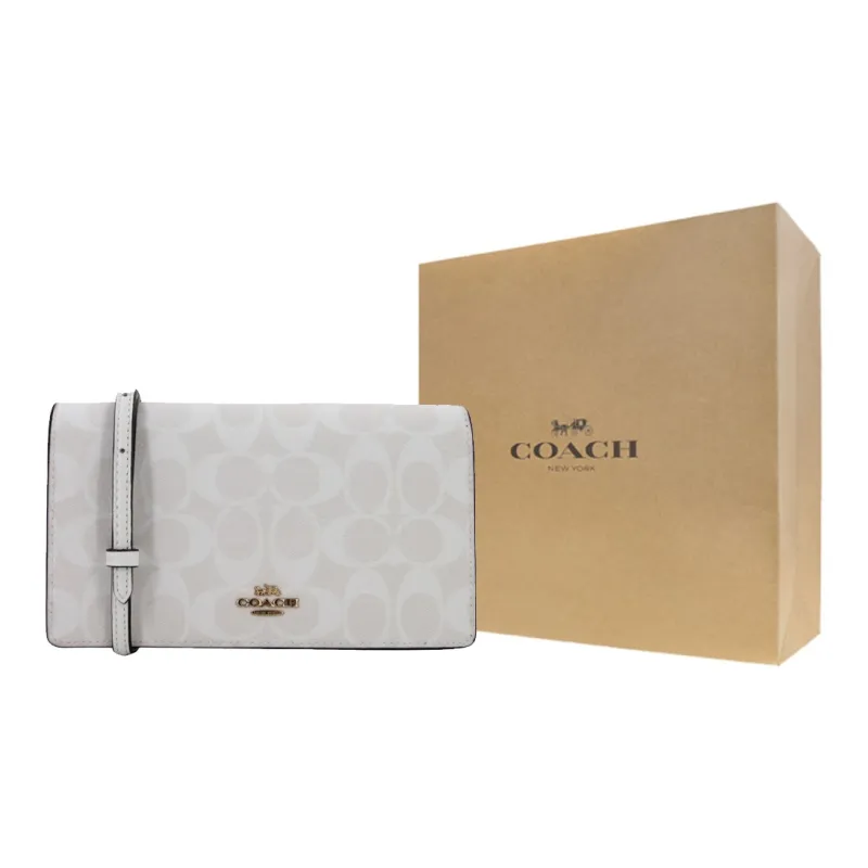 COACH Anna Canvas With Leather Flap Bag One Shoulder Handbag Crossbody Bag Women's Glacier White-7