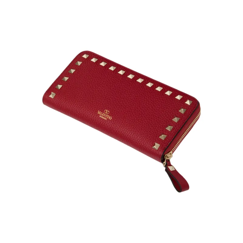 Valentino Rockstud Grained Calfskin Wallet Women's Red-2