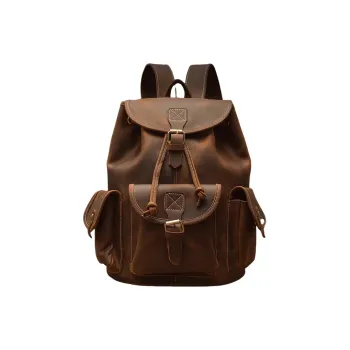 PULUWIRR Cow Leather Vintage American Backpack Fashion Trend Men's Bag Backpack Regular Men's Dark Brown
