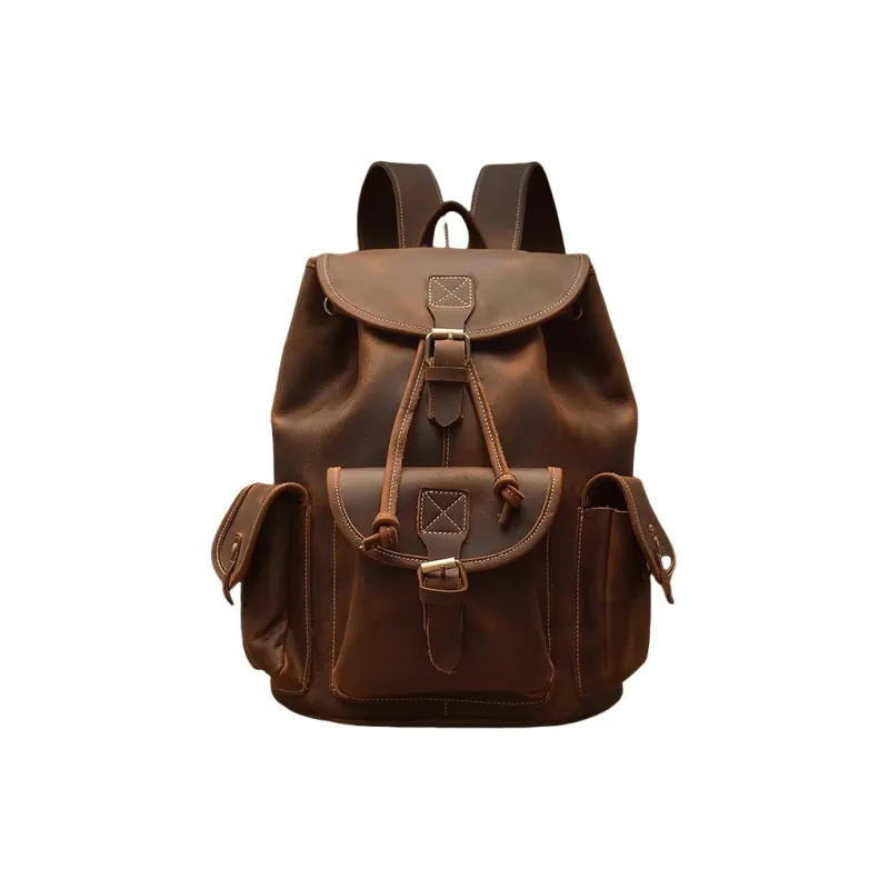 PULUWIRR Cow Leather Vintage American Backpack Fashion Trend Men's Bag Backpack Regular Men's Dark Brown-0