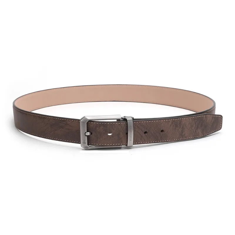 ELLE HOMME Pin Buckle Belt For Men Casual Vintage Trendy Cow Leather Belt Men's Black Width 3.4cm-3