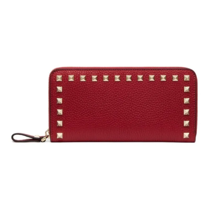 Valentino Rockstud Grained Calfskin Wallet Women's Red-0