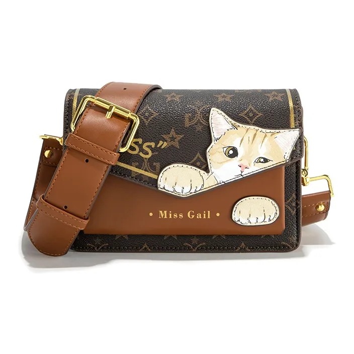 MISS GAIL Synthetic Leather One Shoulder Handbag, Crossbody Bag Regular Women's Monogram Brown/Monogram White-2