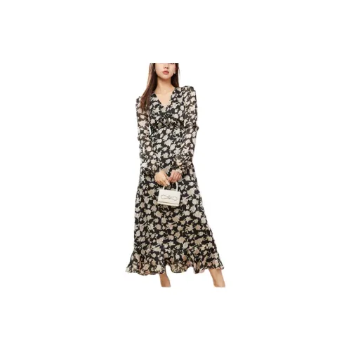 DPLAY Long-Sleeved Dresses Women's Black Background With Pink Flowers