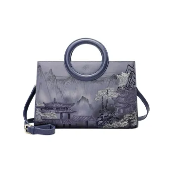 Ancient Yi Xi Cow Leather Cheongsam Mom Bag, Circular Ring Handbag, Shoulder Bag, Crossbody Bag Women's Dark Blue