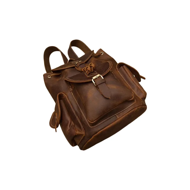 PULUWIRR Cow Leather Vintage American Backpack Fashion Trend Men's Bag Backpack Regular Men's Dark Brown-4