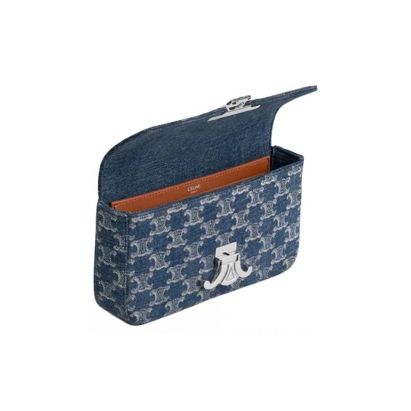 CELINE Triomphe Fabric Portable Crossbody Bag, Shoulder Bag Women's Blue-3