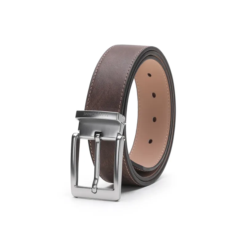 ELLE HOMME Pin Buckle Belt For Men Casual Vintage Trendy Cow Leather Belt Men's Black Width 3.4cm-5