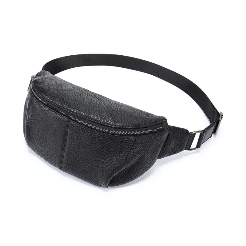 DOSRFINI Top Grain Cow Leather One Shoulder Crossbody Fanny Pack Sling Bags Regular Men's Black-3