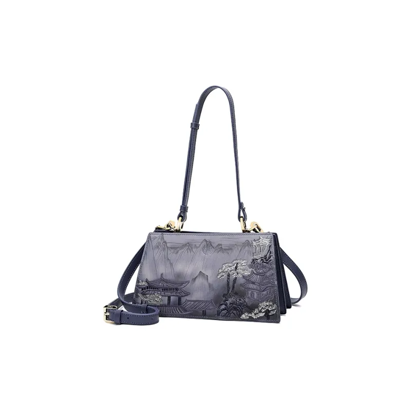 Ancient Yi Xi Cow Leather Cheongsam Shoulder Bag Crossbody Bag Medium Size Women's Dark Blue-1