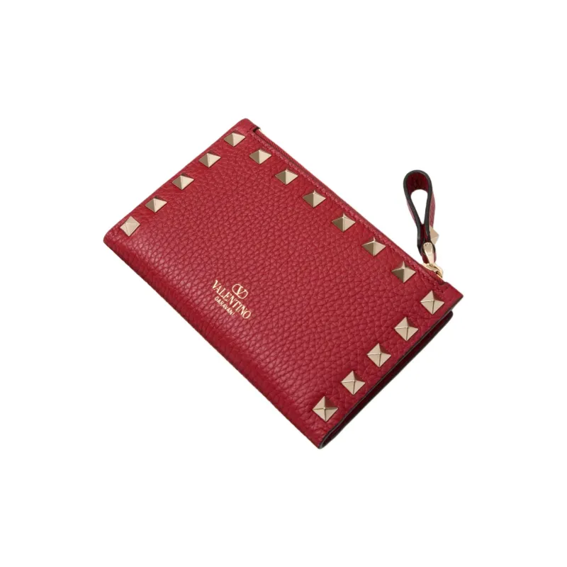 Valentino Rockstud Grained Calfskin Card Holder Women's Red-2