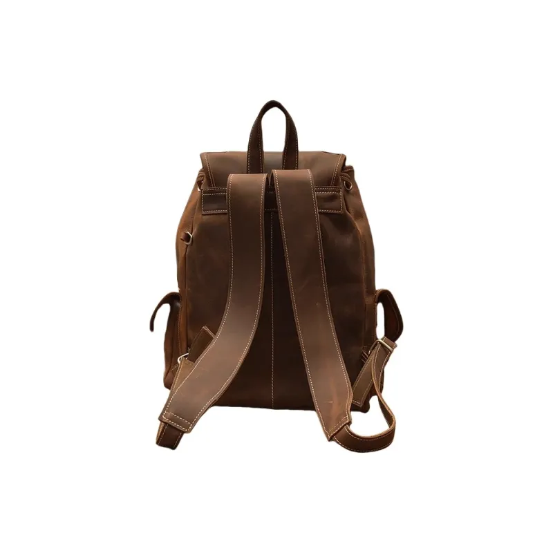 PULUWIRR Cow Leather Vintage American Backpack Fashion Trend Men's Bag Backpack Regular Men's Dark Brown-3