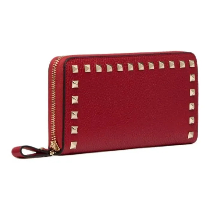 Valentino Rockstud Grained Calfskin Wallet Women's Red-1