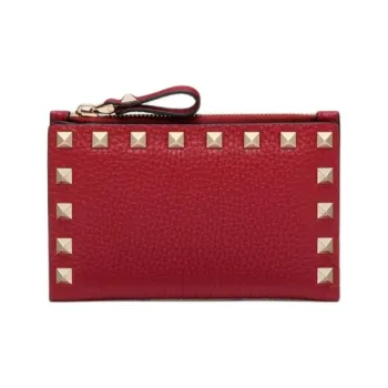 Valentino Rockstud Grained Calfskin Card Holder Women's Red