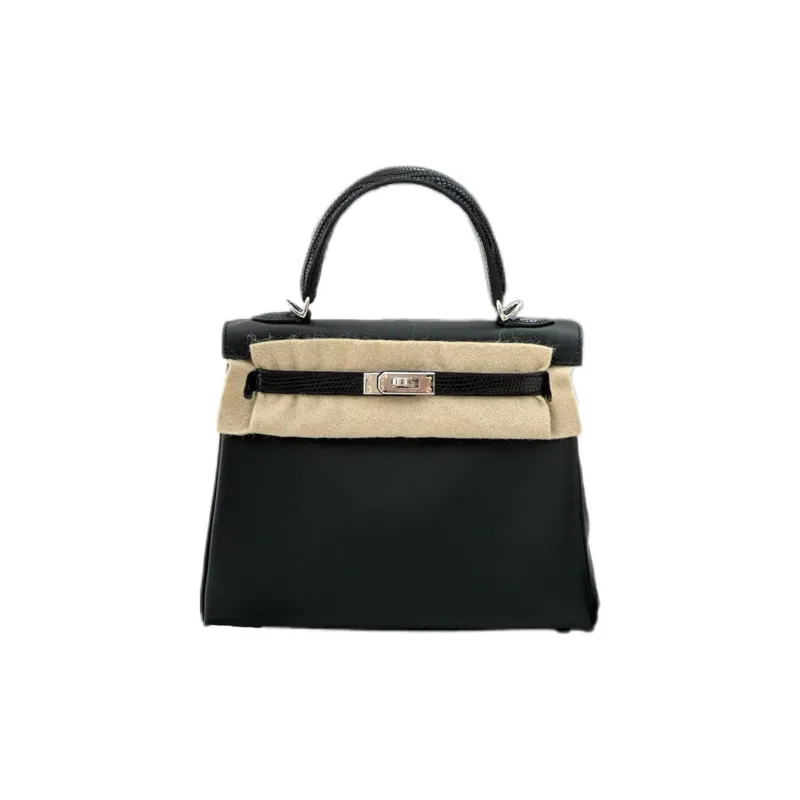 HERMES Kelly Lizard Skin With Swift Leather Kelly Bag One Shoulder Handbags Women's Black-0