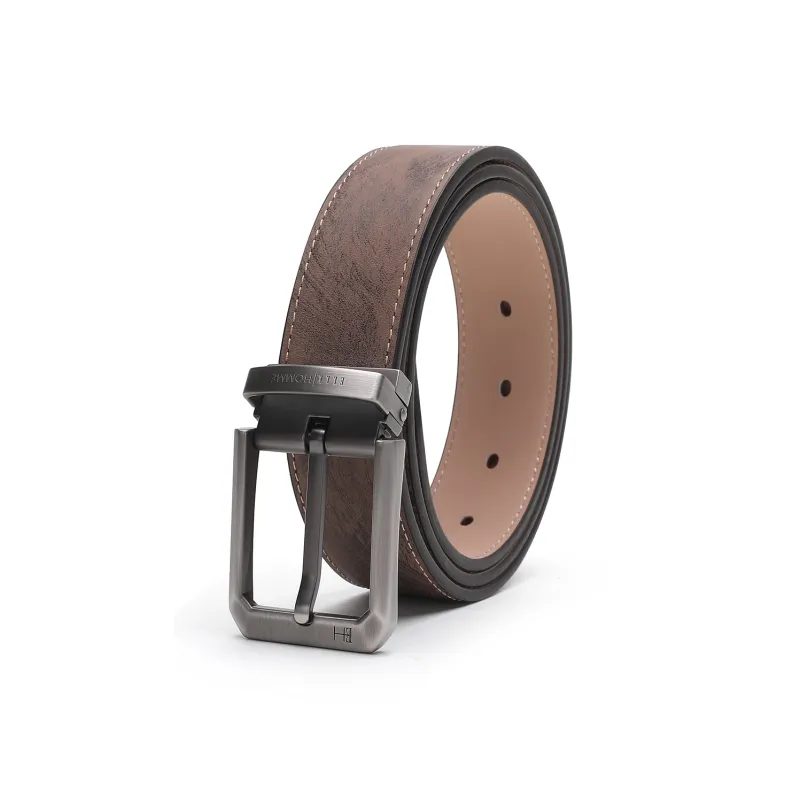 ELLE HOMME Pin Buckle Belt For Men Casual Vintage Trendy Cow Leather Belt Men's Black Width 3.4cm-1