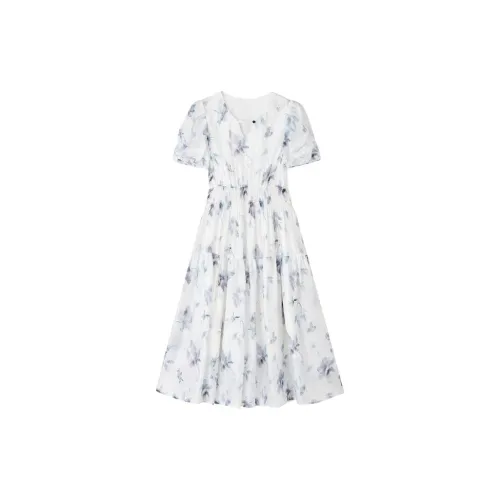 HDFULERN Short-Sleeved Dresses Women's Blue Floral