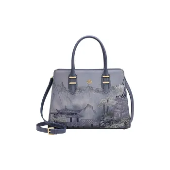 Ancient Yi Xi Cow Leather Middle Aged Mom Bag, One Shoulder Handbag Women's Dark Blue