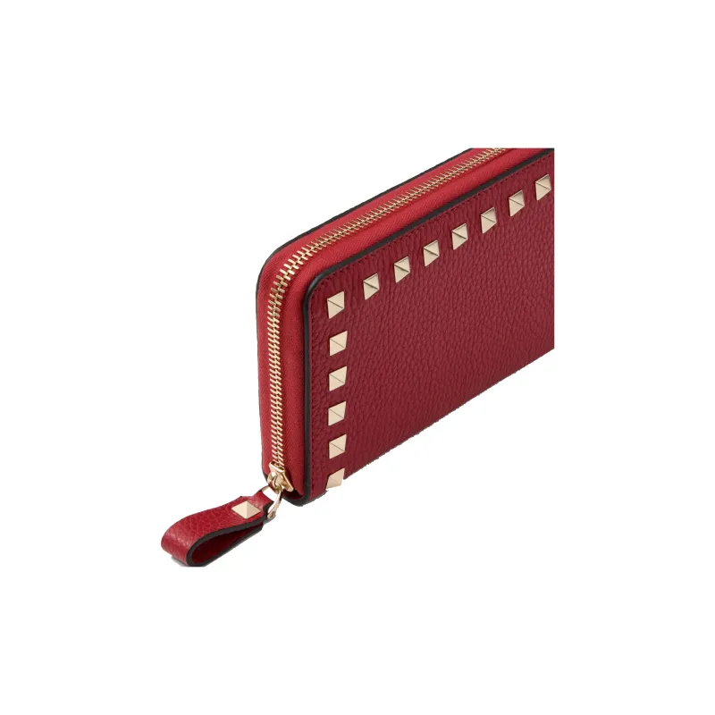 Valentino Rockstud Grained Calfskin Wallet Women's Red-4