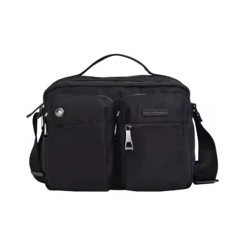 Hush Puppies Fabric Cow Leather Patchwork Portable Crossbody Bag Shoulder Bag Medium Size Men's Black