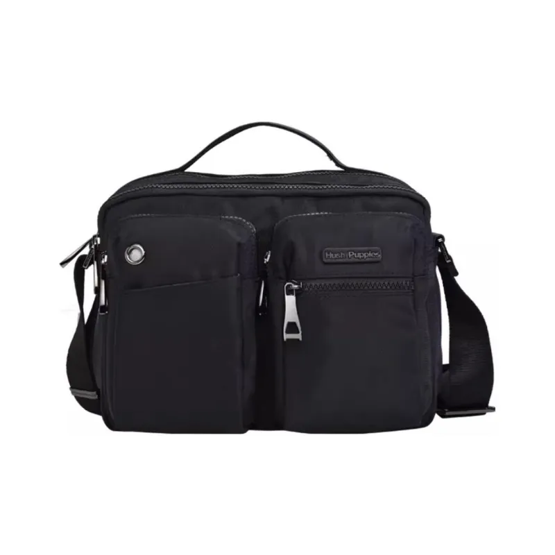 Hush Puppies Fabric Cow Leather Patchwork Portable Crossbody Bag Shoulder Bag Medium Size Men's Black-0