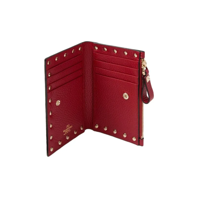 Valentino Rockstud Grained Calfskin Card Holder Women's Red-3