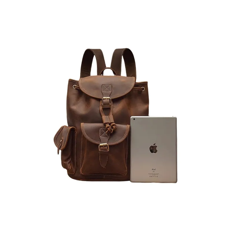 PULUWIRR Cow Leather Vintage American Backpack Fashion Trend Men's Bag Backpack Regular Men's Dark Brown-1