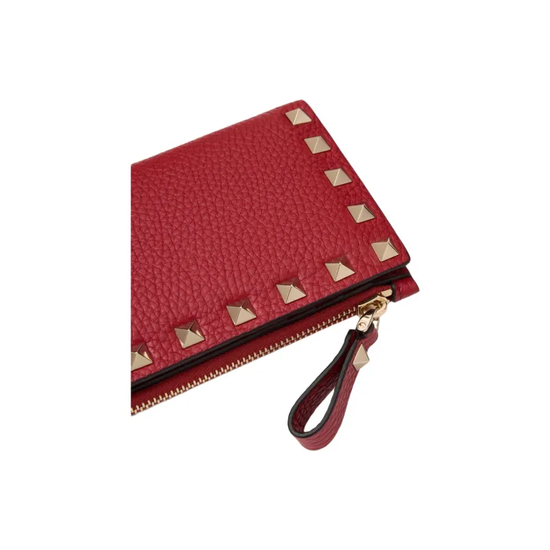 Valentino Rockstud Grained Calfskin Card Holder Women's Red-4