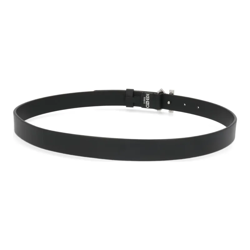 KENZO Letter K Logo Smooth Buckle Leather Leather Belts Unisex Black Width 2.3cm-2