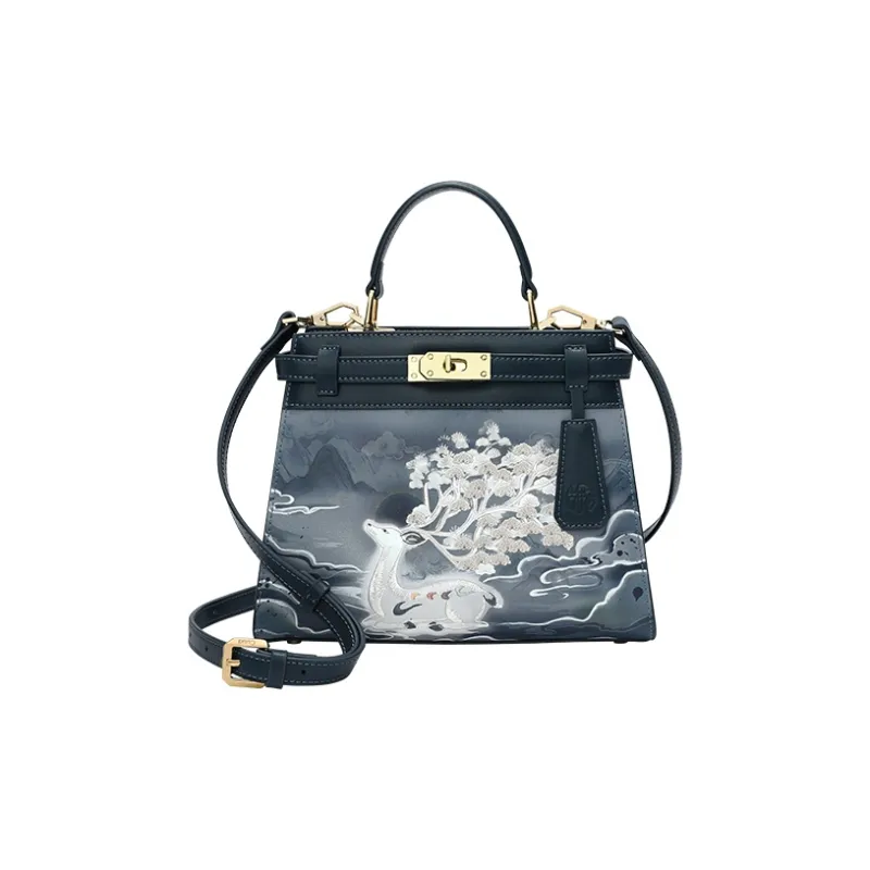 Ancient Yi Xi Cow Leather Niche Design Handbag, Shoulder Bag, Crossbody Bag Women's Dark Cyan-0