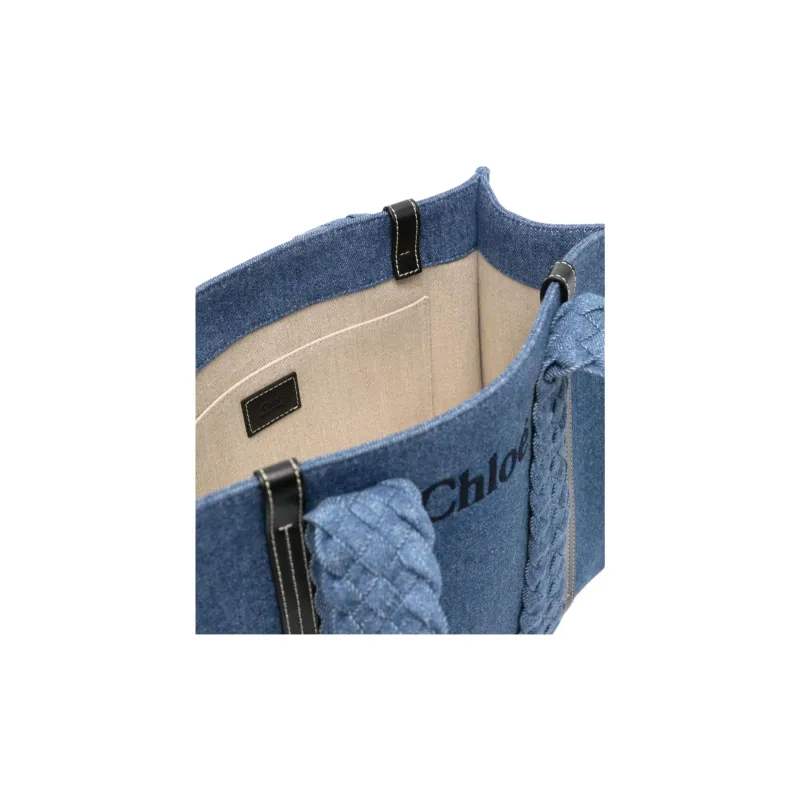 Chloe Woody Cotton Tote Bag Shopping Bag Shoulder Bag Handbag Medium Size Women's Indigo-3