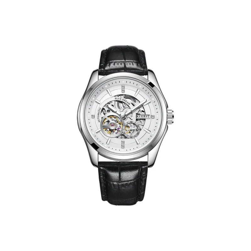 KUERST Automatic Mechanical Movement Genuine Leather Strap Men's Watches White Dial-0
