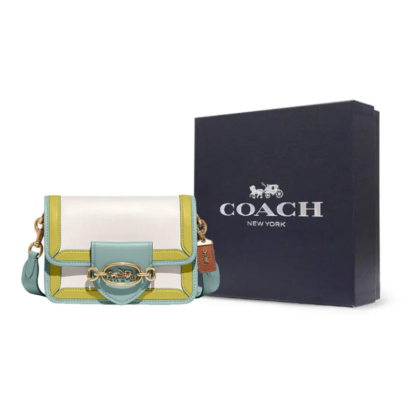 COACH Hero Cow Leather Small Square Bag Shoulder Bag, Crossbody Bag Women's White & Lake Aqua Green-7