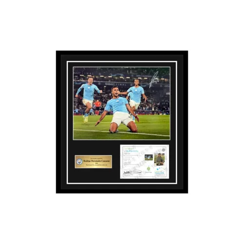 Three For Rodri UEFA Champions League Goal Signed Photo With EM Certificate Framed And Matted